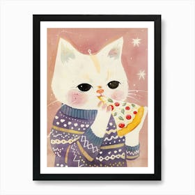Cute White Cat Eating Pizza Folk Illustration 1 Art Print