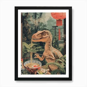 Dinosaur Eating Ramen Retro Collage Art Print