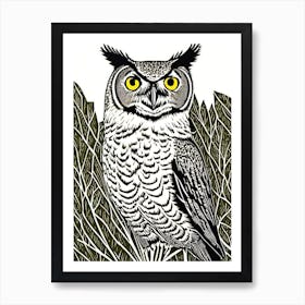 Great Horned Owl Linocut Bird Art Print