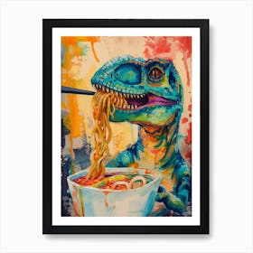 Dinosaur Eating Ramen Blue Brushstroke 3 Art Print