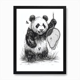 Giant Panda Cub Playing With A Butterfly Net Ink Illustration 2 Art Print