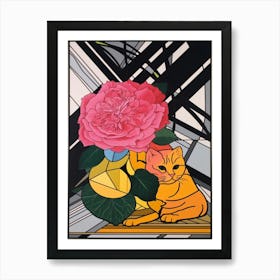 Peony With A Cat 1 Abstract Expressionist Art Print