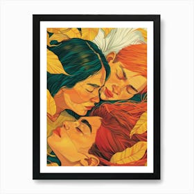 Three Girls Sleeping In Autumn Leaves Art Print