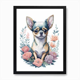 Cute Floral Chihuahua Dog Portrait Painting (9) Art Print