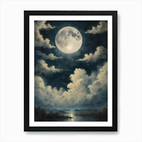 Moody Vintage Full Moon Landscape Scenery Art Print | Dark Cottagecore Dreamy Cloudy Painting | Library Gallery Feature Altar Wall | Witchy HD Art Print