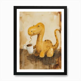 Mustard Dinosaur Drinking Coffee 1 Art Print