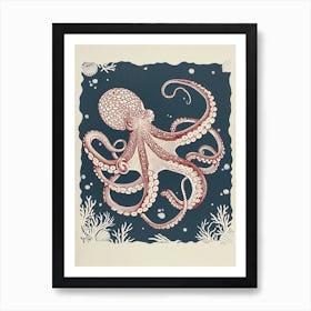 Octopus In The Ocean Linocut Style Art Print