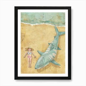 Shark Sunbathing On The Beach With A Human Illustration Art Print