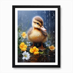 Duckling In The Rain Floral Painting 4 Art Print