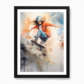 Girl Skateboarding In Austin, United States Watercolour 4 Art Print