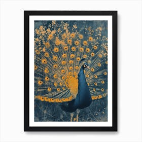 Orange & Blue Vintage Peacock Feathers Art Print