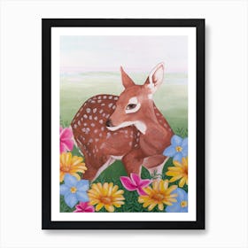 Deeer In Flower Field Art Print