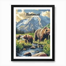 Katmai National Park Retro Digital Travel Art Poster