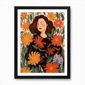 Woman With Autumnal Flowers Cineraria 1 Art Print