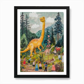 Dinosaur & Children In A Village Painting Art Print