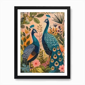Two Folky Floral Peacocks 2 Art Print