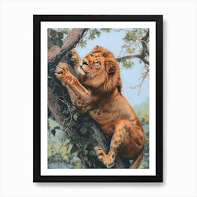 Barbary Lion Relief Illustration Climbing A Tree 3 Art Print