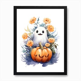Cute Ghost With Pumpkins Halloween Watercolour 53 Art Print