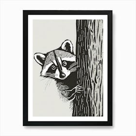 Curious Raccoon Peering From Behind A Tree Art Print