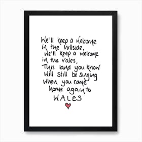 Welsh Art Print Handwritten Lyrics We'll Keep A Welcome In The Hillside Art Print