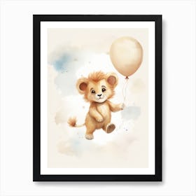 Baby Lion Flying With Ballons, Watercolour Nursery Art 3 Art Print