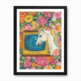 Unicorn Watching Tv Floral Fauvism Painting 2 Art Print