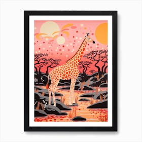 Giraffe In The River At Sunrise 1 Art Print