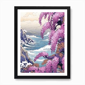 Great Wave With Wisteria Flower Drawing In The Style Of Ukiyo E 1 Art Print