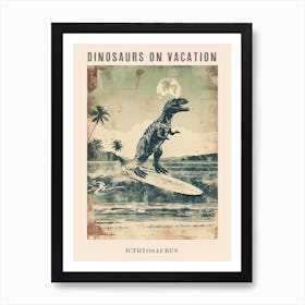 Vintage Icthyosaurus Dinosaur On A Surf Board 1 Poster Art Print