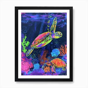 Neon Underwater Sea Turtle Doodle 4 Art Print