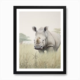 Vintage Rhino Illustration In The Grass 2 Art Print