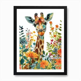 Watercolour Giraffe Head In The Leaves 8 Art Print