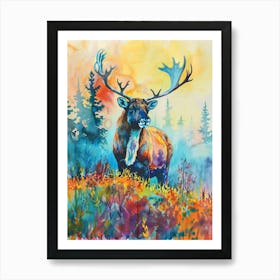 Caribou Colourful Watercolour 4 Art Print