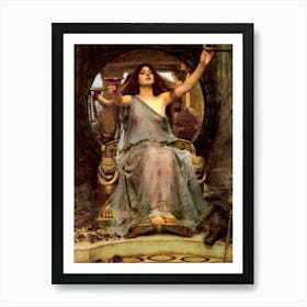 Circe Offering the Cup to Ulysses by John William Waterhouse - Pagan Witchy Goddess Remastered Dreamy Oil Painting Waterhouse's Woman on Throne with Mirror in the Background Famous Pre-Raphaelite Mythological Legend Art Print
