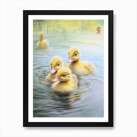 Ducklings Swimming In The River Pencil Illustration 4 Art Print