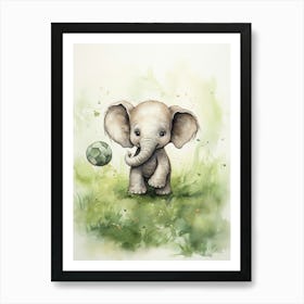 Elephant Painting Playing Soccer Watercolour 3 Art Print