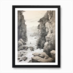 Tojinbo Cliffs In Fukui, Ukiyo E Black And White Line Art Drawing 3 Art Print