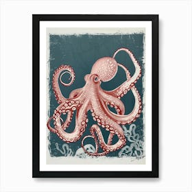 Red & Navy Blue Octopus In The Ocean Linocut Inspired 1 Art Print