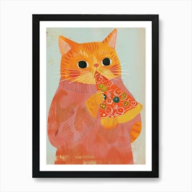 Happy Orange Cat Pizza Lover Folk Illustration 1 Art Print