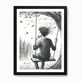 Moody Man on Swing Sketch 7 Art Print