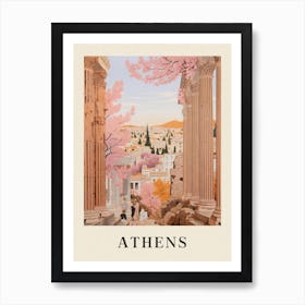 Athens Greece 4 Vintage Pink Travel Illustration Poster Art Print