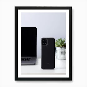 Black Leather Phone Case Matte Texture Stands Out Against Minimal Workspace White Lacquered Desk 1 Art Print