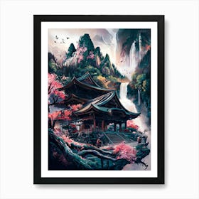 Japanese Temple in Mountain Waterfall Forest Acrylic Painting #3 Art Print