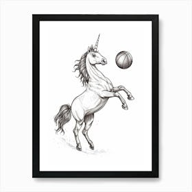 Unicorn Playing Basketball Black & White Illustration 2 Art Print