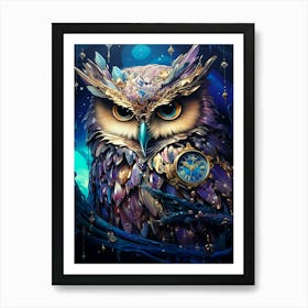 Owl With A Clock Art Print