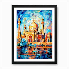 Taj Mahal at Night, Modern Abstract Vibrant Painting in Cubism Style Art Print