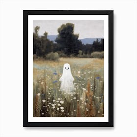 Cute Bedsheet Ghost In Flower Landscape Vintage Style, Halloween Spooky 4 Art Print