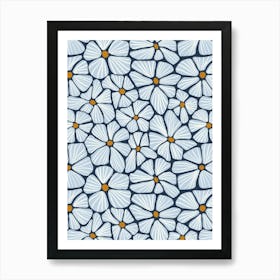 Flower Mosaic Blue Navy Textured Hand Drawn Art Print