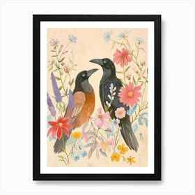 Folksy Floral Animal Drawing Raven 4 Art Print