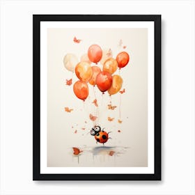 Ladybug Flying With Autumn Fall Pumpkins And Balloons Watercolour Nursery 2 Art Print